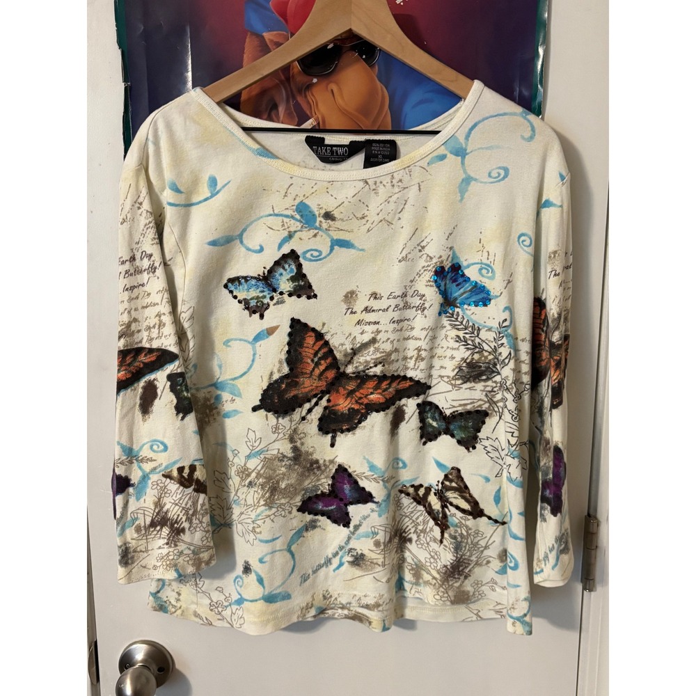 Take Two Clothing Co Womens XL Butterfly Graphic Sequin 3/4 Sleeve Cotton Top